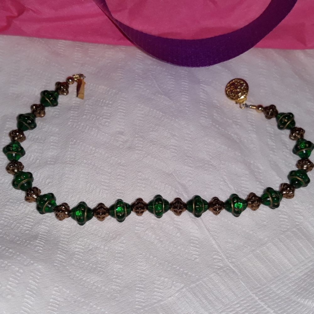 Handmade Green Gold Brass Beaded Bracelet gold brass clasp NEW
